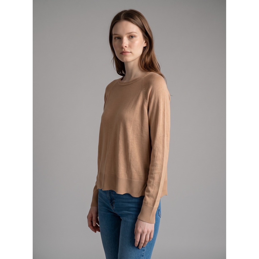 Zara Womens Tan Camel Raglan Sleeve Knit Crew Neck Sweater Small Side Slits